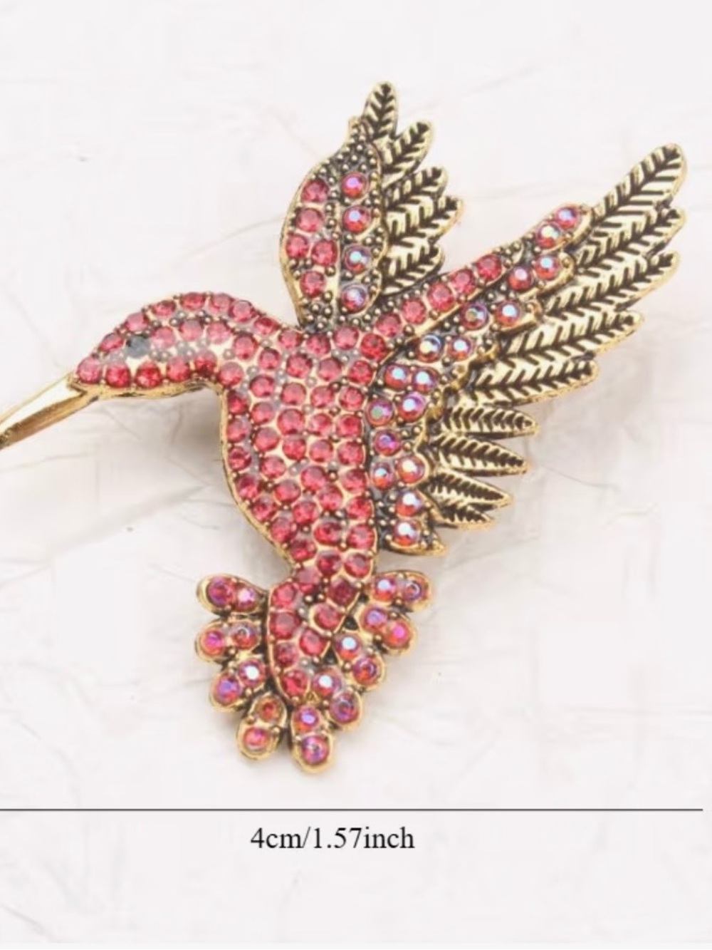 Vibrant Red Rhinestone Hummingbird Brooch Pin-Sparkly Bird Jewelry - Picture 4 of 5